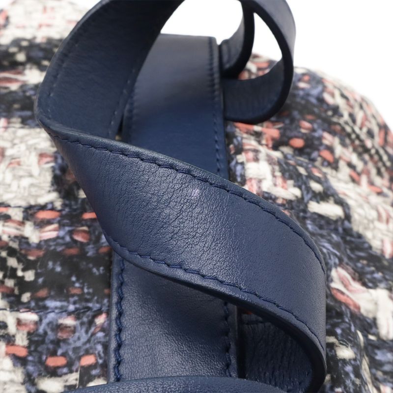 CHANEL Tweed Print Coco Mark Chain Shoulder Rucksack Sac Backpack Nylon Blue