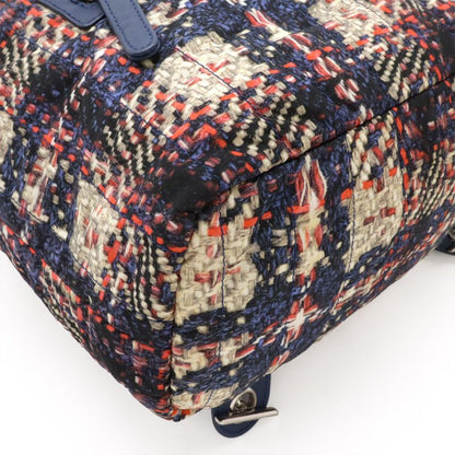 CHANEL Tweed Print Coco Mark Chain Shoulder Rucksack Sac Backpack Nylon Blue