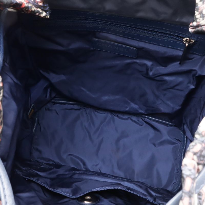 CHANEL Tweed Print Coco Mark Chain Shoulder Rucksack Sac Backpack Nylon Blue