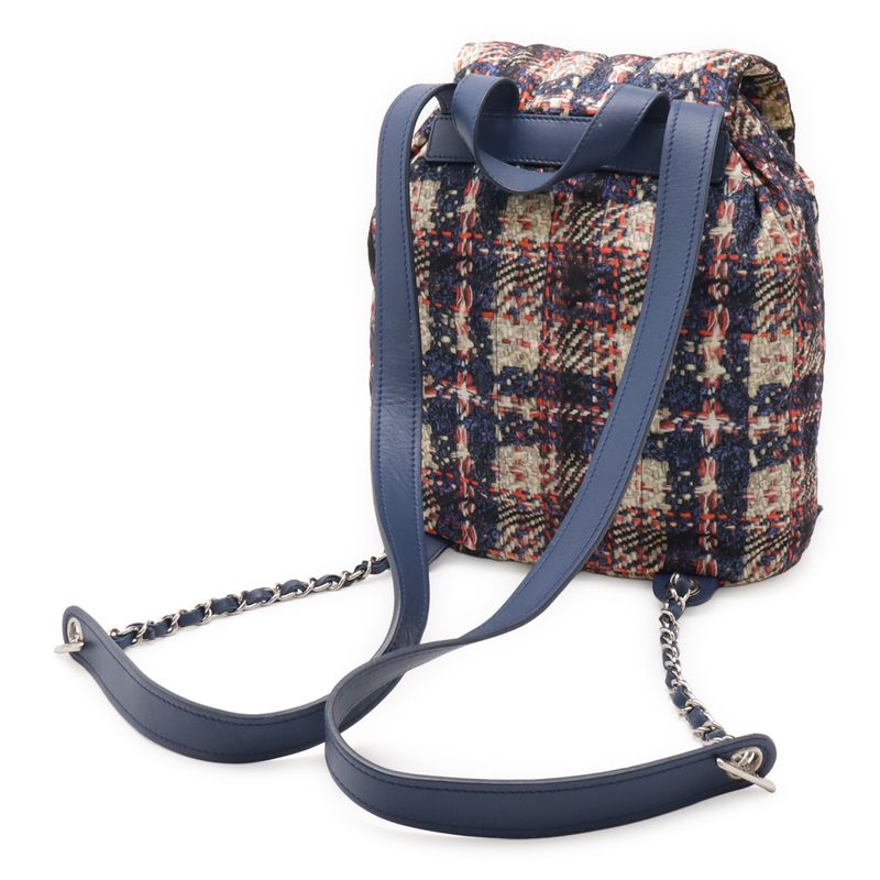 CHANEL Tweed Print Coco Mark Chain Shoulder Rucksack Sac Backpack Nylon Blue