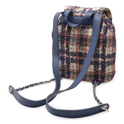 CHANEL Tweed Print Coco Mark Chain Shoulder Rucksack Sac Backpack Nylon Blue