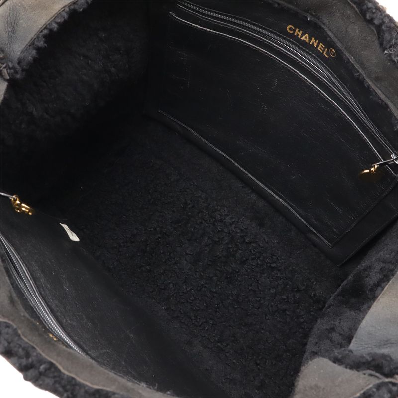 CHANEL Mouton Chain Tote Bag Handbag Shoulder Bag Leather Black Gold Hardware