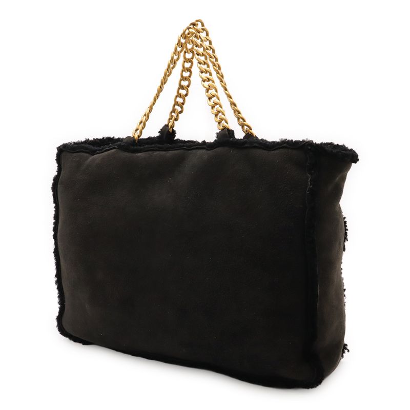 CHANEL Mouton Chain Tote Bag Handbag Shoulder Bag Leather Black Gold Hardware