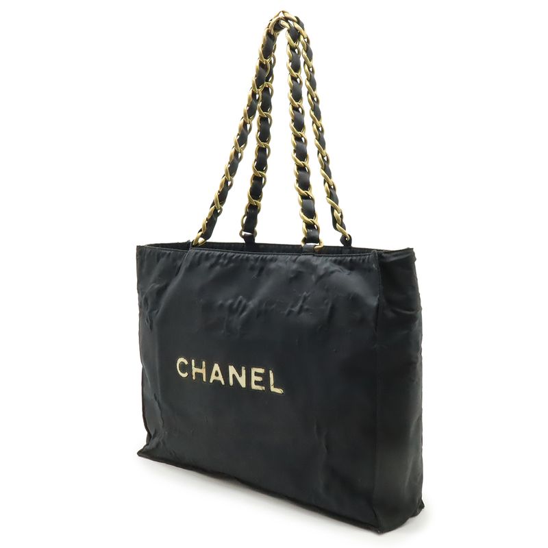 CHANEL Coco Mark Chain Shoulder Big Tote Bag Nylon Black White Gold Hardware