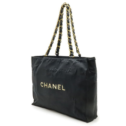 CHANEL Coco Mark Chain Shoulder Big Tote Bag Nylon Black White Gold Hardware