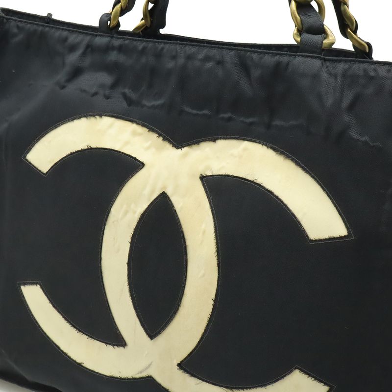 CHANEL Coco Mark Chain Shoulder Big Tote Bag Nylon Black White Gold Hardware
