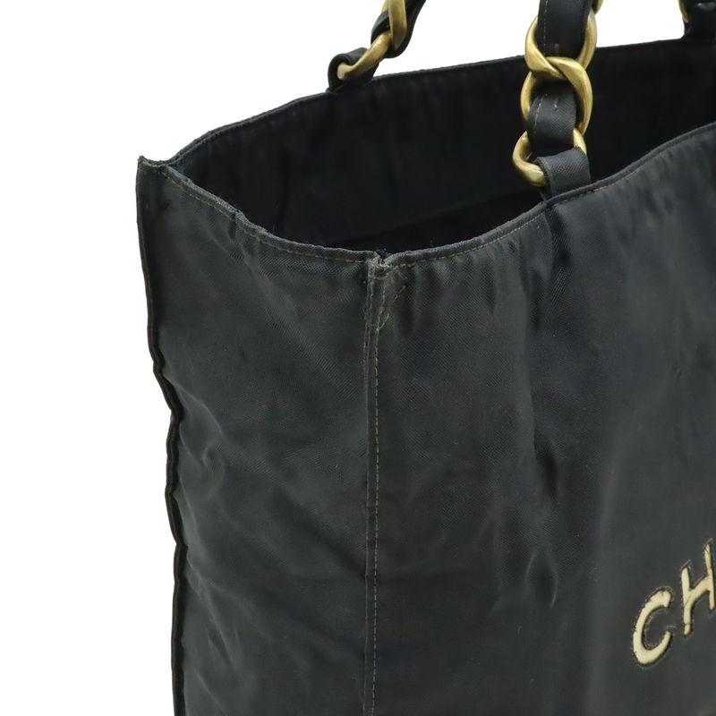 CHANEL Coco Mark Chain Shoulder Big Tote Bag Nylon Black White Gold Hardware