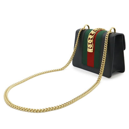 GUCCI Sylvie Webline Ribbon Mini Chain Bag Shoulder Bag Pochette Leather Black