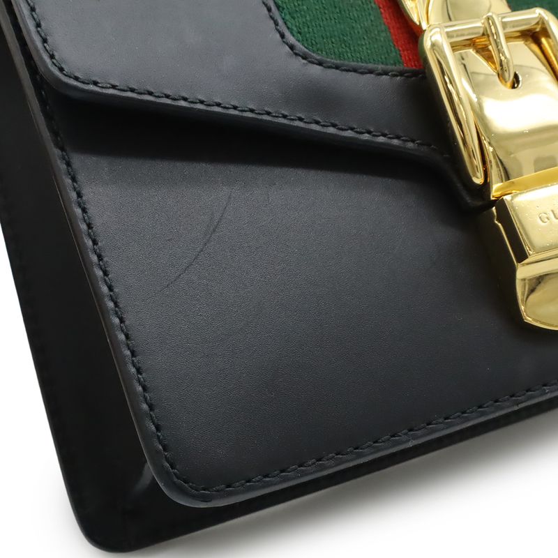 GUCCI Sylvie Webline Ribbon Mini Chain Bag Shoulder Bag Pochette Leather Black