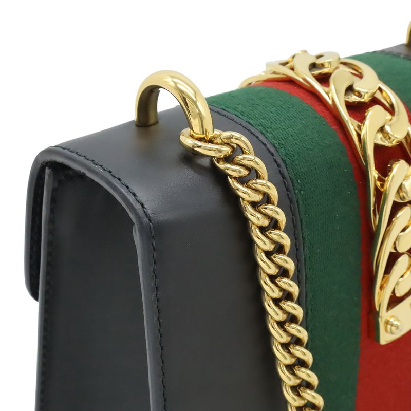 GUCCI Sylvie Webline Ribbon Mini Chain Bag Shoulder Bag Pochette Leather Black