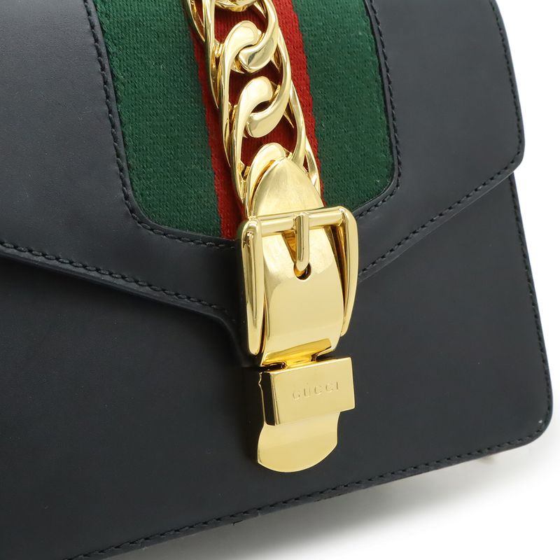 GUCCI Sylvie Webline Ribbon Mini Chain Bag Shoulder Bag Pochette Leather Black