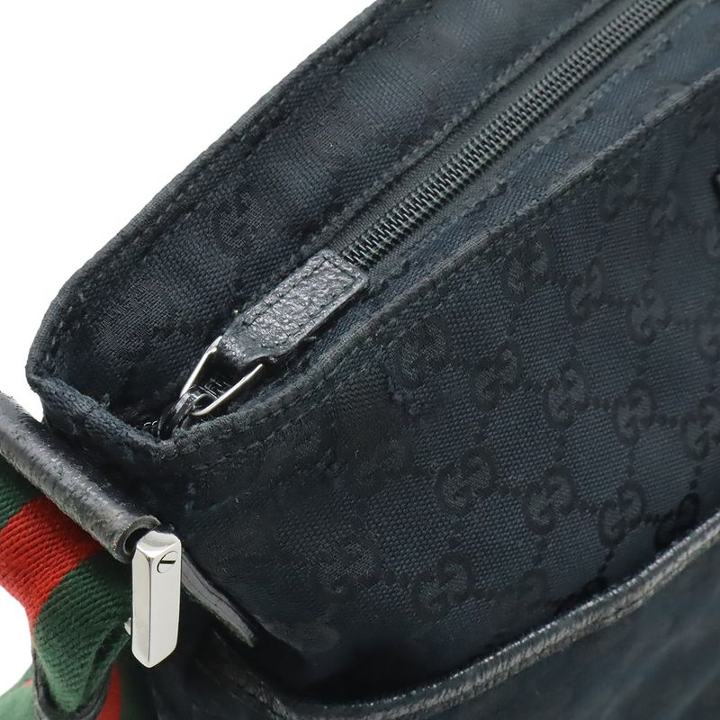 GUCCI GG Canvas Sherry Line Webline Shoulder Bag Crossbody Leather Black Green