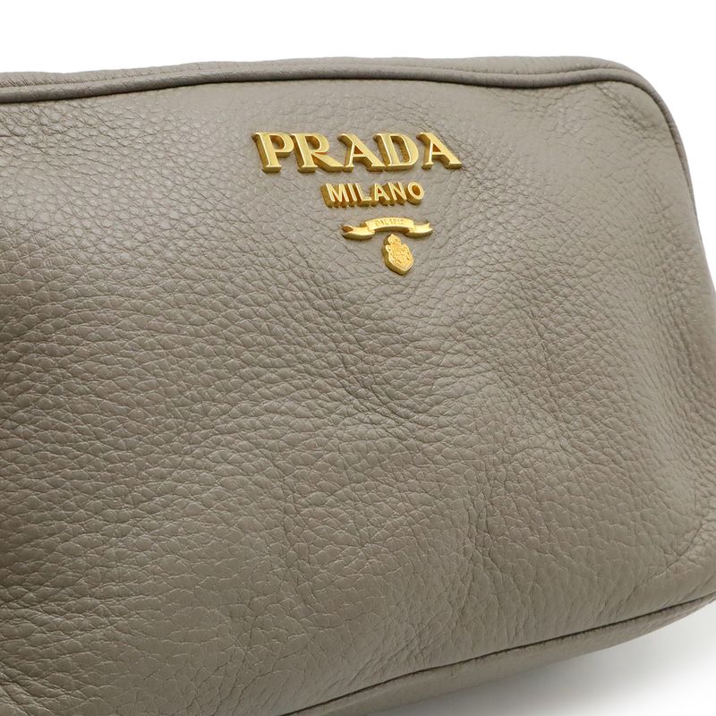 PRADA Shoulder Bag 2WAY Pochette Crossbody Striped Shoulder Leather Argilla
