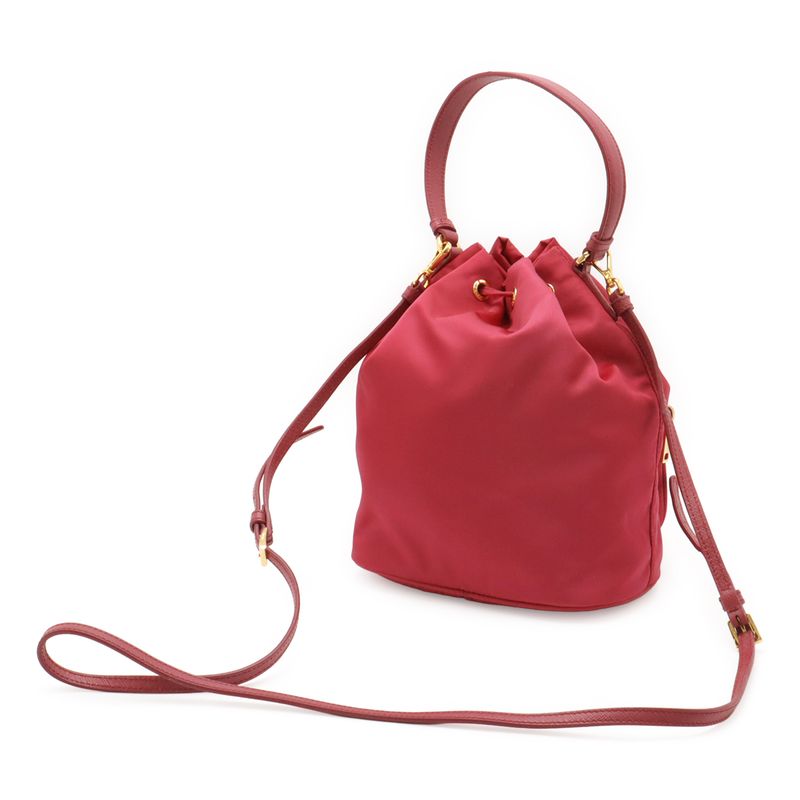 PRADA Handbag Bucket Bag Drawstring 2WAY Shoulder Bag Nylon Leather Pink Gold