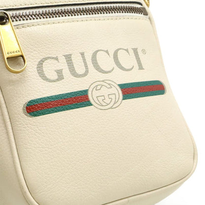 GUCCI Print Logo Shoulder Bag Pochette Crossbody Leather Ivory Gold Hardware