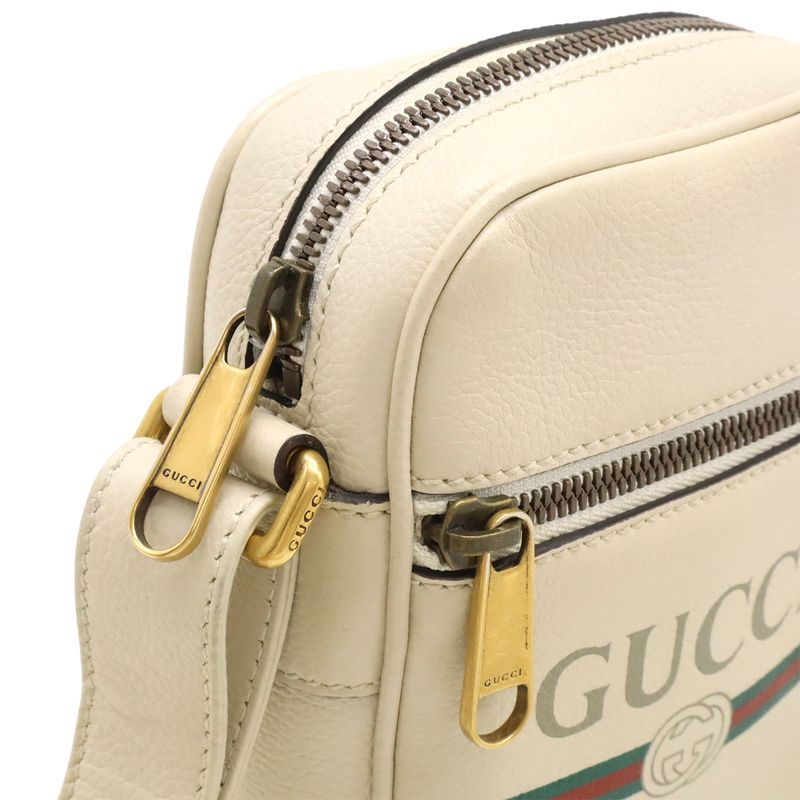 GUCCI Print Logo Shoulder Bag Pochette Crossbody Leather Ivory Gold Hardware