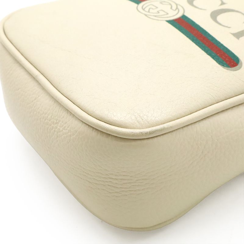 GUCCI Print Logo Shoulder Bag Pochette Crossbody Leather Ivory Gold Hardware