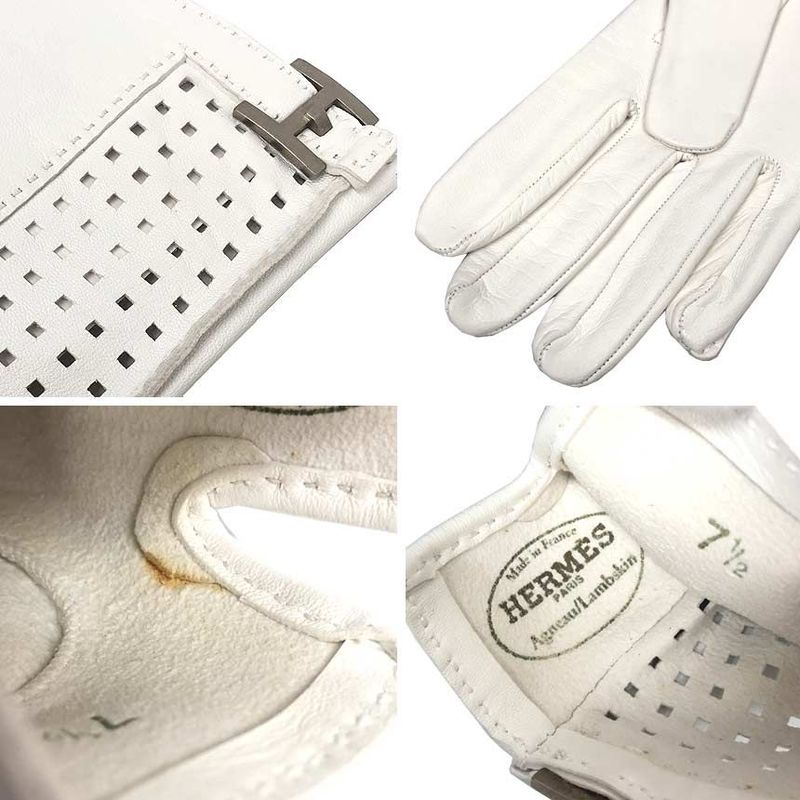 HERMES Leather Gloves 7 1 2 Lambskin White Ladies New Unused Aq12514