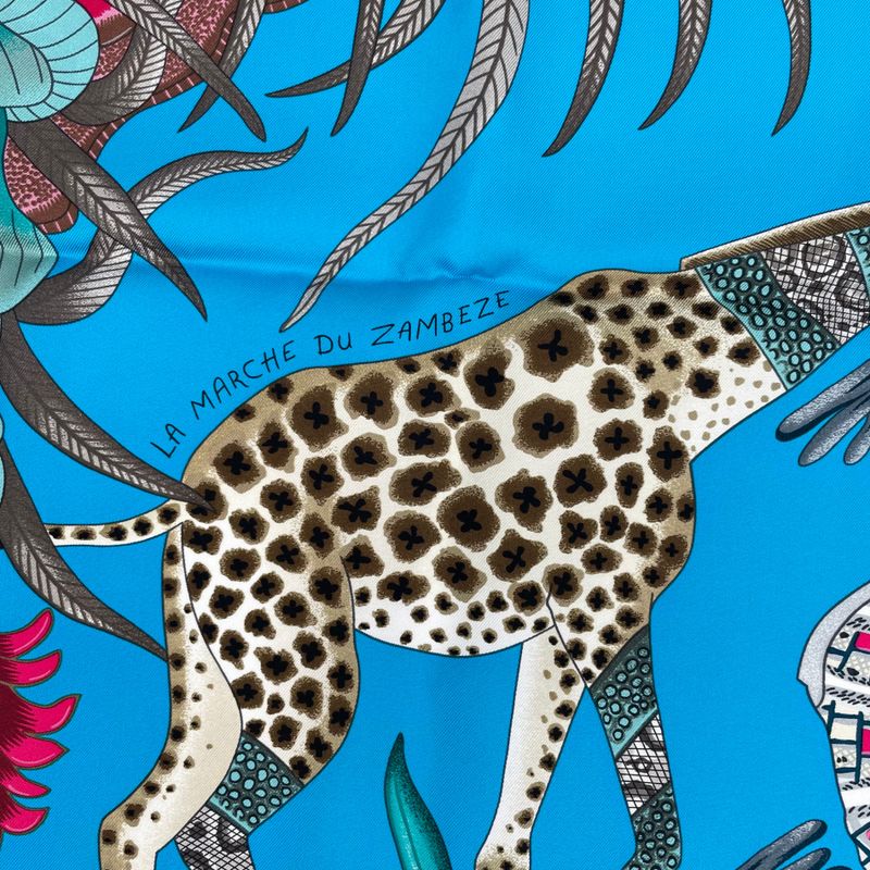 HERMES Carre 90 100% Silk Scarf Marche Du Zambeze Marche On The Zambezi Blue