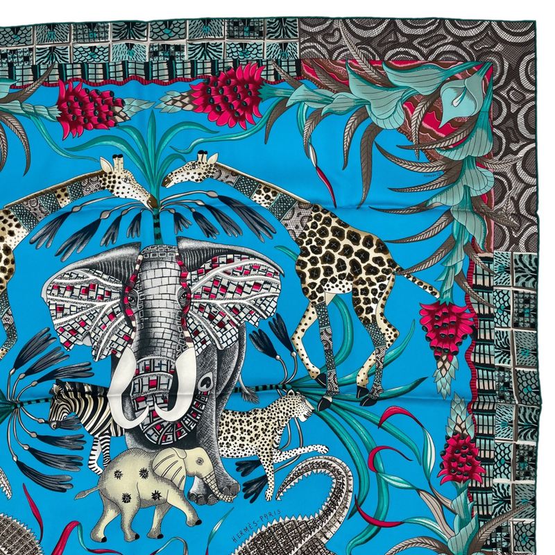 HERMES Carre 90 100% Silk Scarf Marche Du Zambeze Marche On The Zambezi Blue