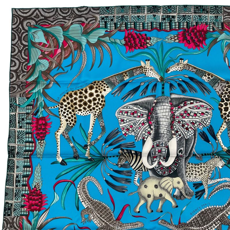 HERMES Carre 90 100% Silk Scarf Marche Du Zambeze Marche On The Zambezi Blue