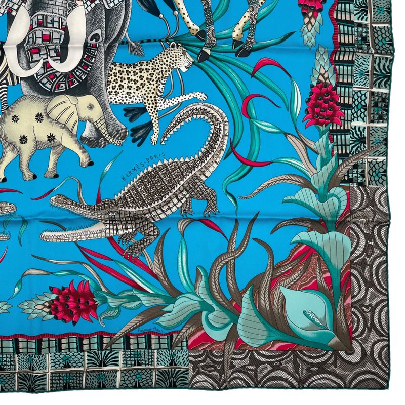 HERMES Carre 90 100% Silk Scarf Marche Du Zambeze Marche On The Zambezi Blue