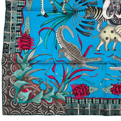 HERMES Carre 90 100% Silk Scarf Marche Du Zambeze Marche On The Zambezi Blue