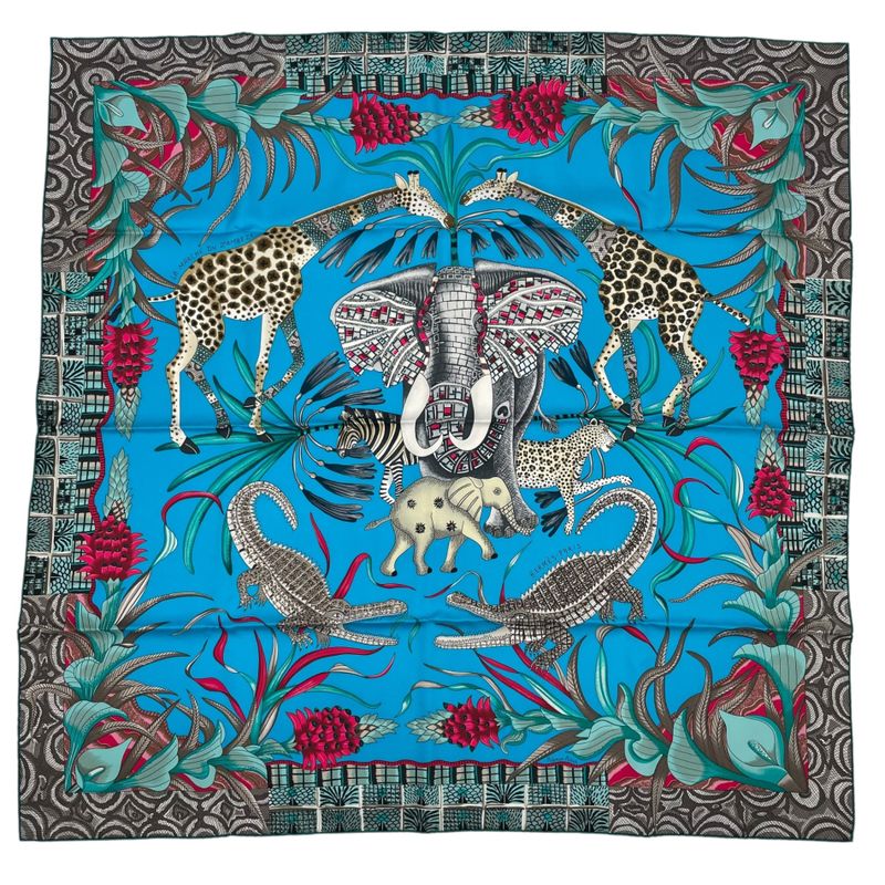 HERMES Carre 90 100% Silk Scarf Marche Du Zambeze Marche On The Zambezi Blue