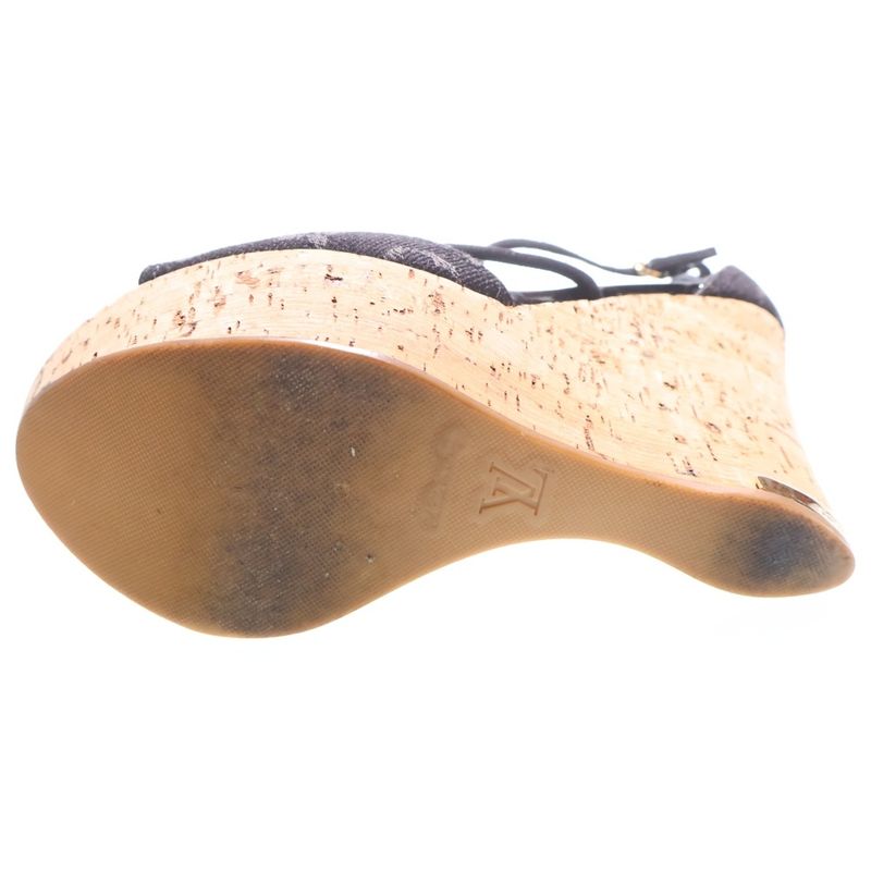 Louis Vuitton Monogram Denim Wedge Sole Heel Strap Sandals Shoes Black Brown
