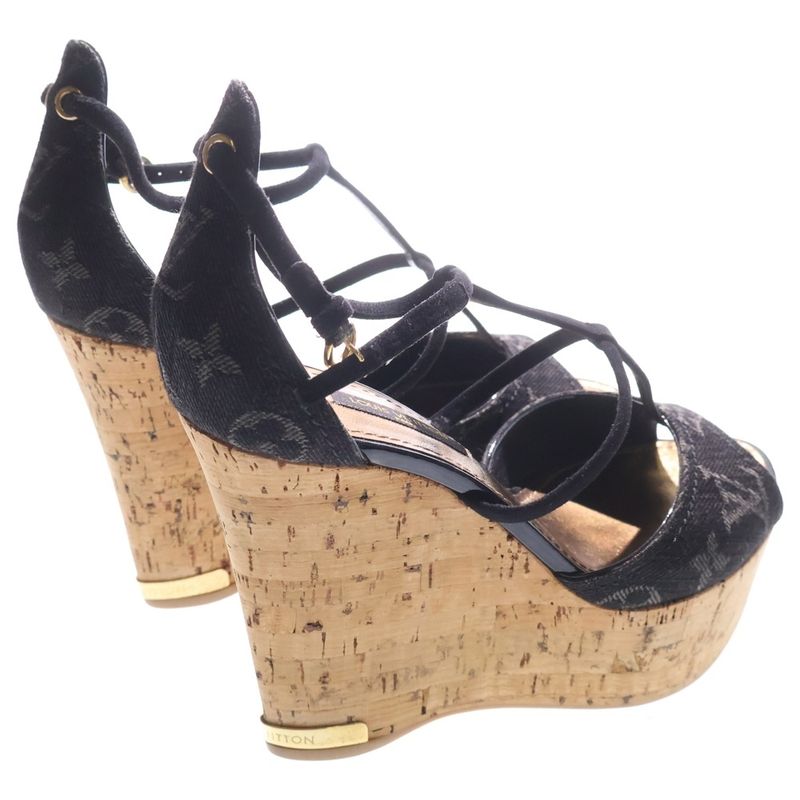 Louis Vuitton Monogram Denim Wedge Sole Heel Strap Sandals Shoes Black Brown