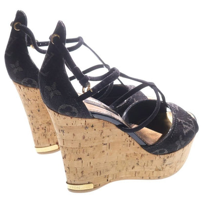 Louis Vuitton Monogram Denim Wedge Sole Heel Strap Sandals Shoes Black Brown