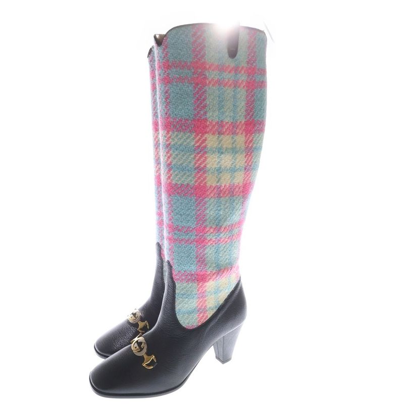 GUCCI Interlocking G Hosebit Leather Plaid Tweed Cut Replacement Heel Side Zip