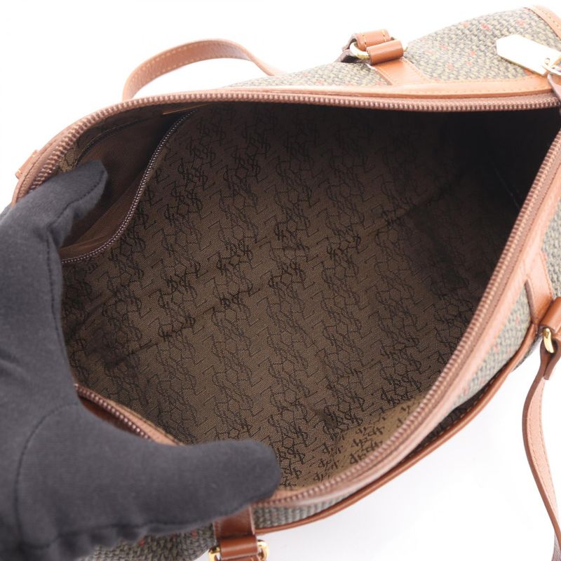 Yves Saint Laurent Handbag Khaki Brown PVC Coating Canvas Leather Drum Bag