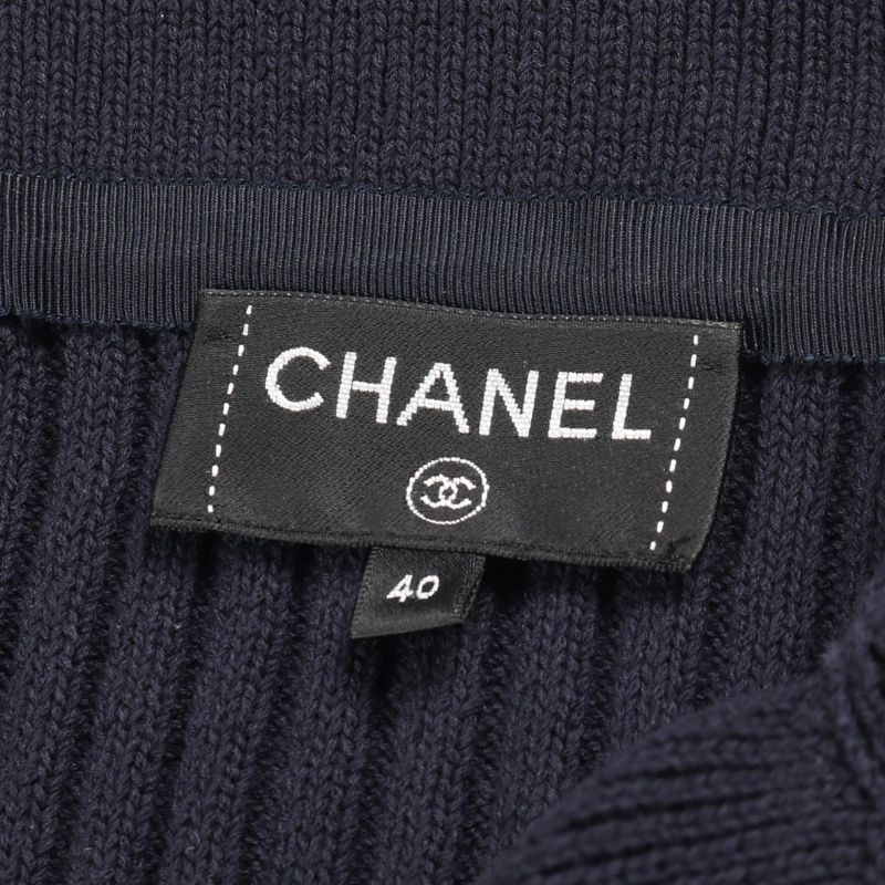 CHANEL Cardigan Coco Mark Button Knit Navy Cotton Long Cardigan Women's Used A