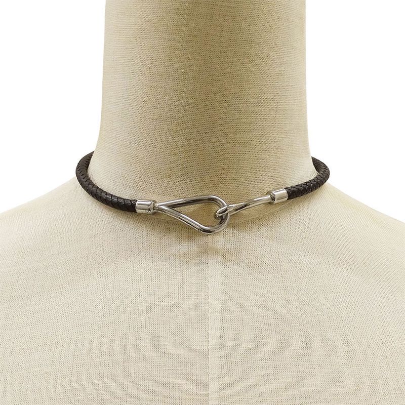 HERMES Choker Ladies Brand Jumbo Leather Black Silver Hardware Accessories 2way