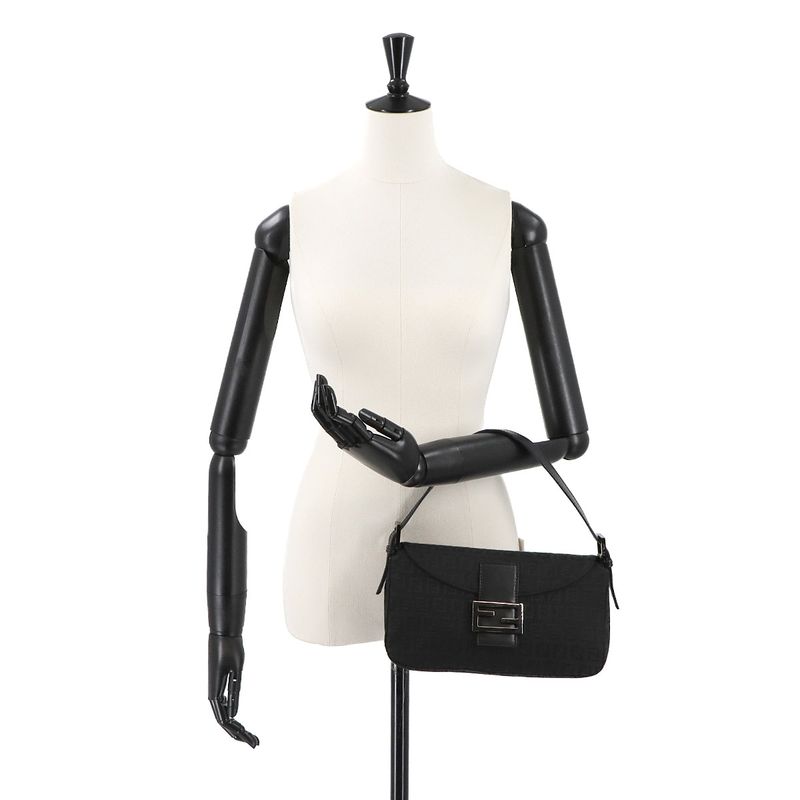 FENDI Zucchino Mamma Baguette Shoulder Bag Canvas Leather Black 8br003 90308271
