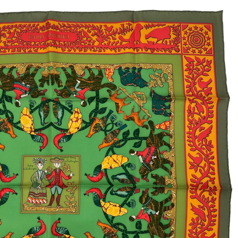 HERMES Scarf 100% Silk Early America Good Old America Animal Pattern Green Box