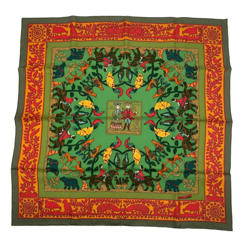 HERMES Scarf 100% Silk Early America Good Old America Animal Pattern Green Box