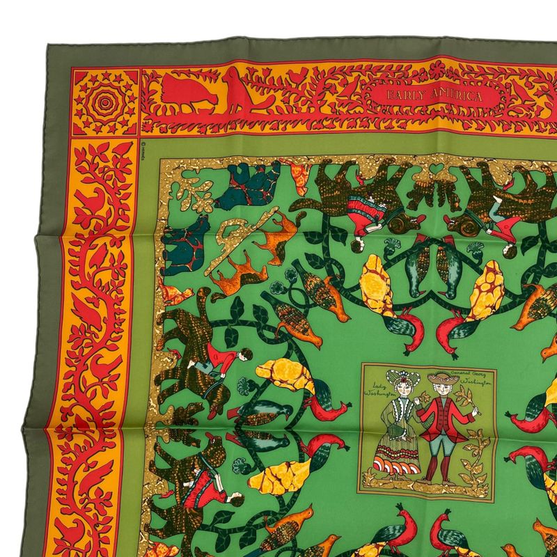 HERMES Scarf 100% Silk Early America Good Old America Animal Pattern Green Box