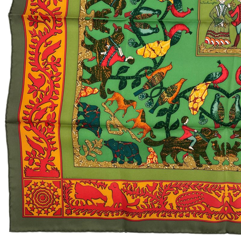 HERMES Scarf 100% Silk Early America Good Old America Animal Pattern Green Box