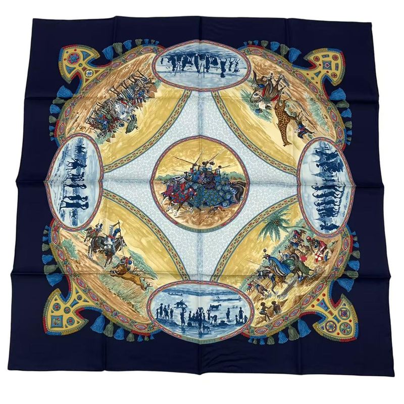 HERMES Carre 90 Scarf Silk Cavaliers Peuls Horseman Of The Pool Tribe Navy