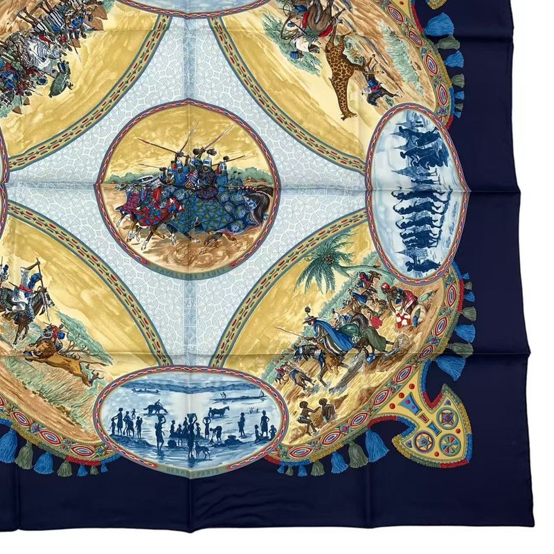 HERMES Carre 90 Scarf Silk Cavaliers Peuls Horseman Of The Pool Tribe Navy