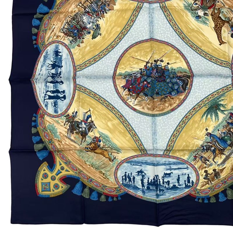 HERMES Carre 90 Scarf Silk Cavaliers Peuls Horseman Of The Pool Tribe Navy