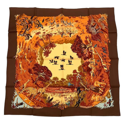 HERMES Scarf 100% Silk Carre 90 Africa Brown Box Included
