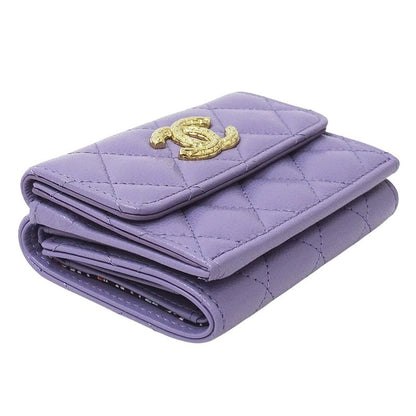Chanel Wallet Matelasse Women's Brand Trifold Wallet Caviar Skin Purple Gold