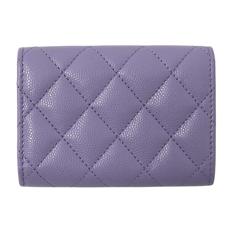 Chanel Wallet Matelasse Women's Brand Trifold Wallet Caviar Skin Purple Gold