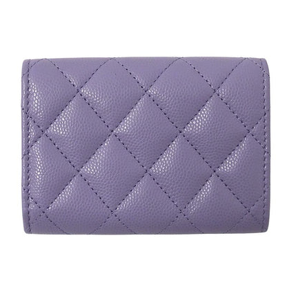 Chanel Wallet Matelasse Women's Brand Trifold Wallet Caviar Skin Purple Gold