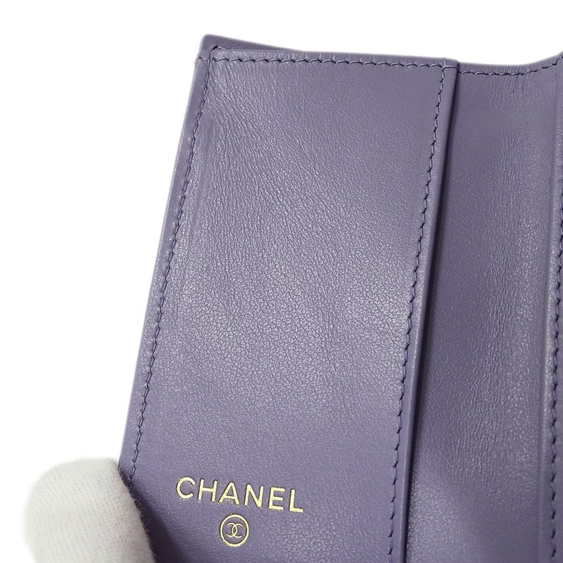 Chanel Wallet Matelasse Women's Brand Trifold Wallet Caviar Skin Purple Gold