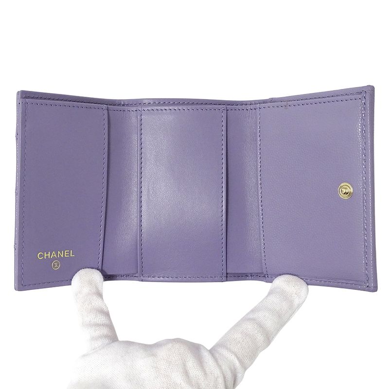 Chanel Wallet Matelasse Women's Brand Trifold Wallet Caviar Skin Purple Gold