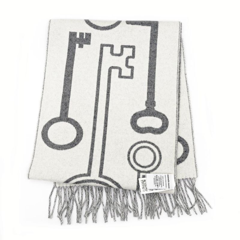 Hermes Muffler Kazak Keys Collection Gray 100% Cashmere Fringe Scarf